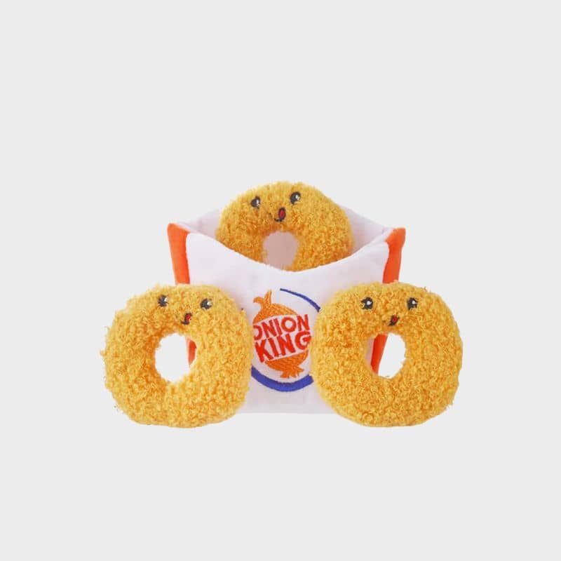 jouet interactif et d'occupation pour chien en forme de beignet d'oignon onion ring food party Hugsmart