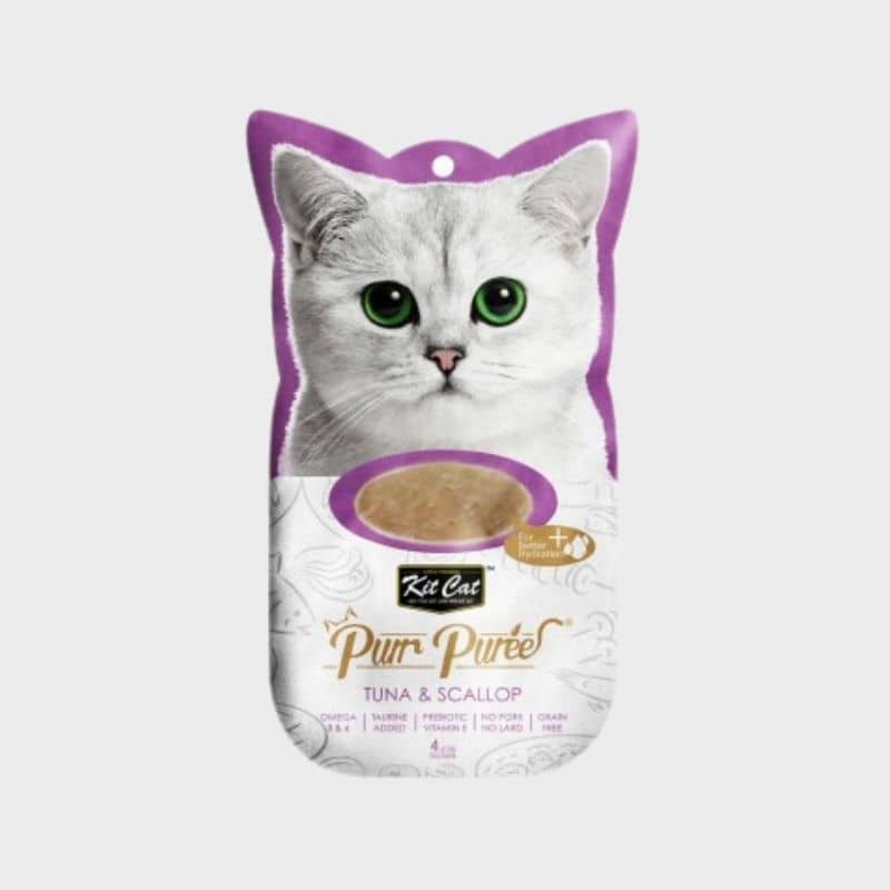 friandises liquides sous forme de stick de purée " Puur Purée"au thon et pétoncle pour chat de la marque Kit Cat 