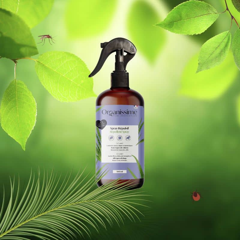 spray repulsif pour chien et chat Organissime par Biogance : permet de lutter contre l'infestation de puces, tiques et moustiques grace au geraniol