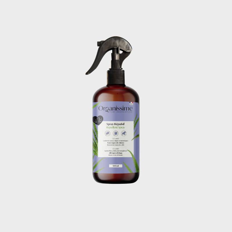 spray antiparasitaire pour chien et chat Organissime par Biogance : permet de lutter contre l'infestation de puces, tiques et moustiques grace au geraniol