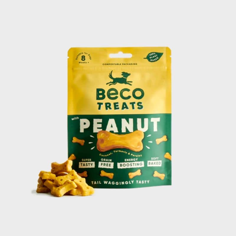 Friandises naturelles pour chien en forme d'os croustillants au peanut butter (beurre de cacahuete), curcuma et noix de coco Beco Pets