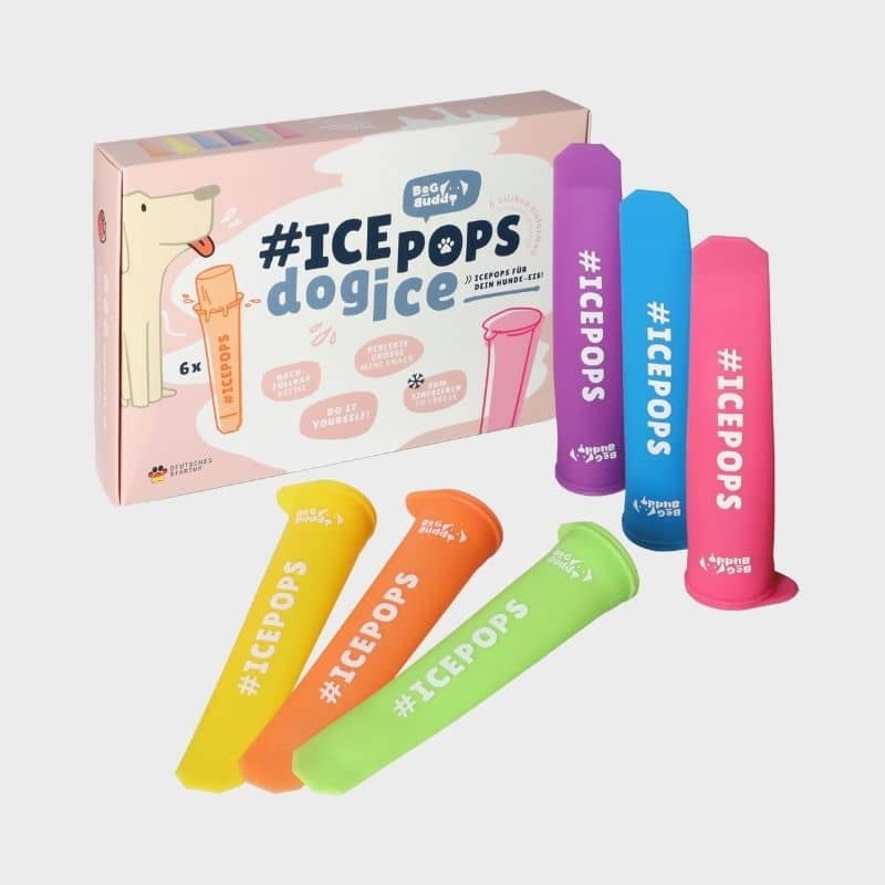 boite de 6 moules en silicone coloré et sans BPA pour réaliser des glaces pour chien sous forme de Mister Freeze : les IcePops Beg Buddy sont idéales pour rafraichir le chien l'été
