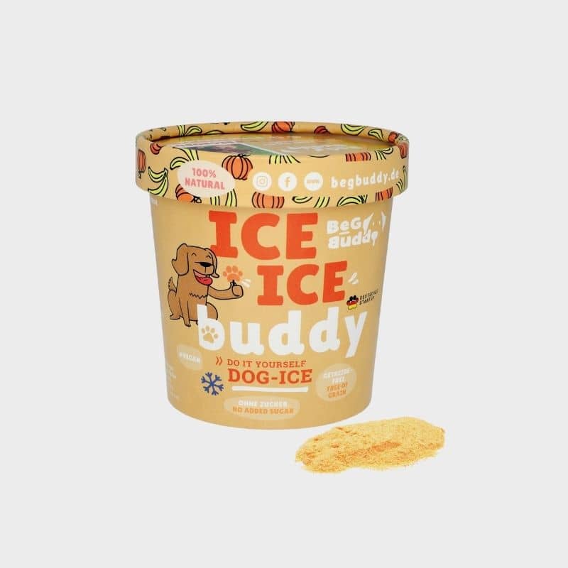 préparation de glace 100% naturelle pour chien à la banane et citrouille Beg Budddy : une friandise saine et gourmande idéale pour rafraichir le chien l'été