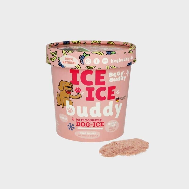 préparation de glace 100% naturelle pour chien à la banane et myrtille Beg Budddy : une friandise saine et gourmande idéale pour rafraichir le chien l'été