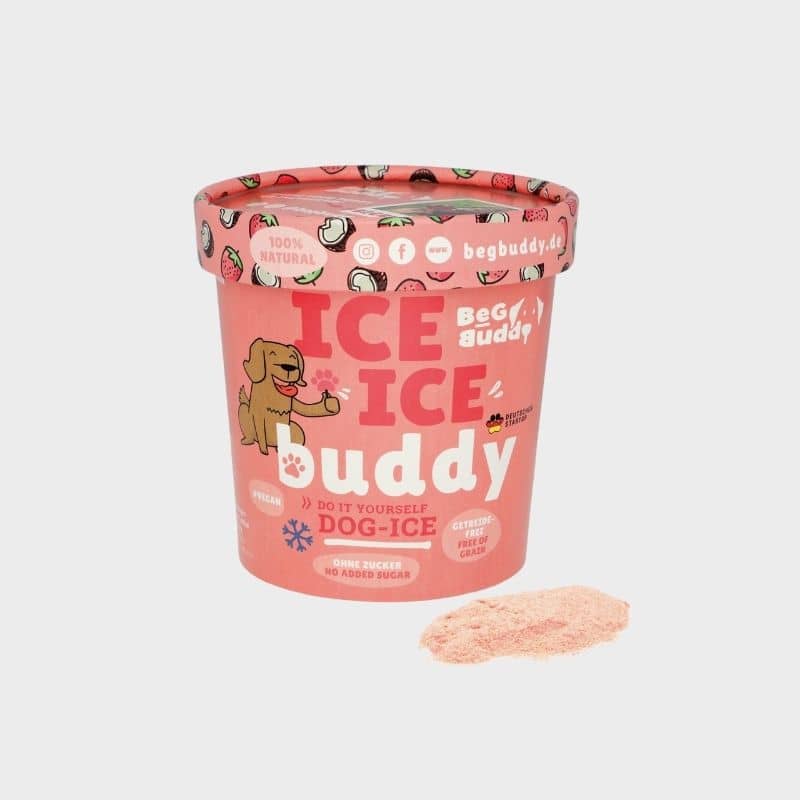 préparation de glace 100% naturelle pour chien à la fraise et coco Beg Budddy : une friandise saine et gourmande idéale pour rafraichir le chien l'été