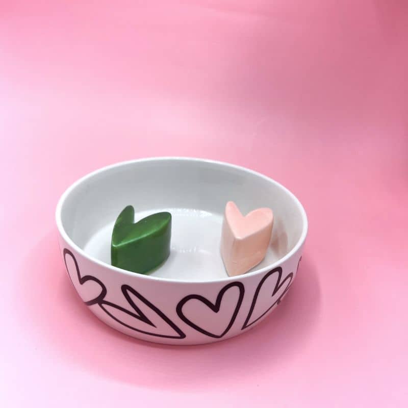 Gamelle pour chien anti-glouton en céramique avec motif coeur en rose et vert