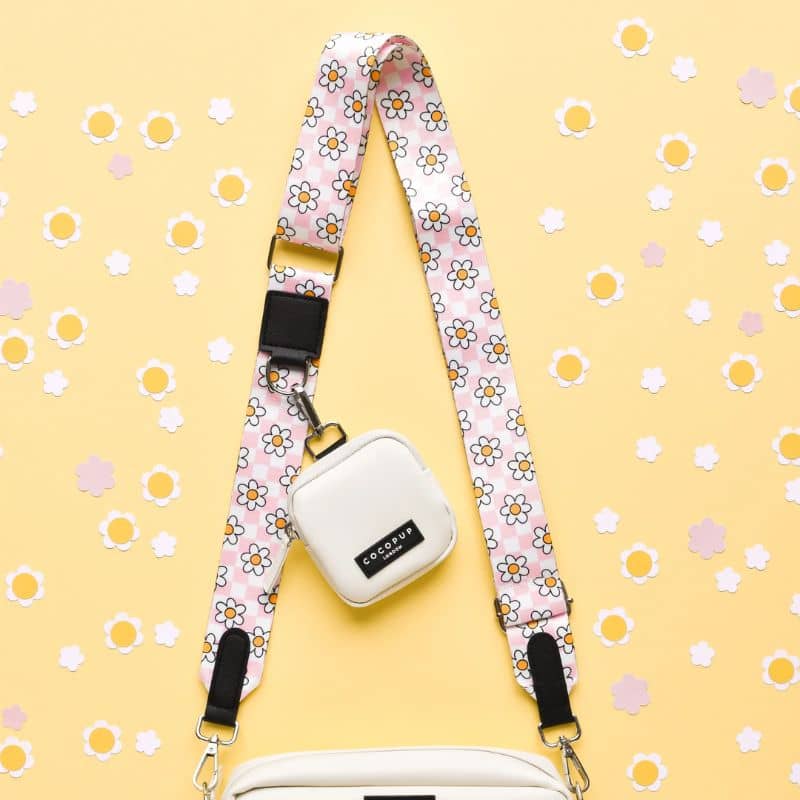 Bag strap pour dog walking bag : anse motif vichy rose et marguerites
