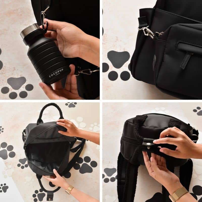 Détails du sac à dos de cocopup london rucksack en noir avec nombreux rangements pour les affaires de votre chien