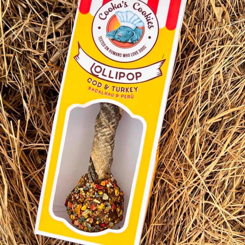 friandise pour chien en forme de sucette avec peau de morue et viande de dinde "Lollipop" Cooka's Cookies