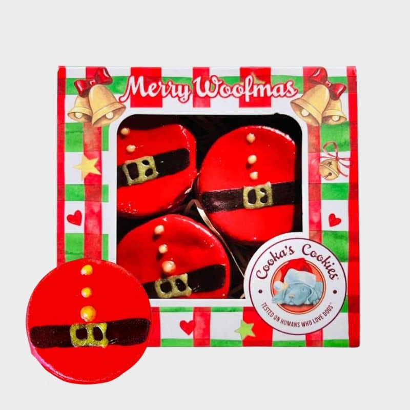 coffret de 3 macarons ventre du père Noel pour chien à la dinde "Santa belly macarons" Cook'as cookies