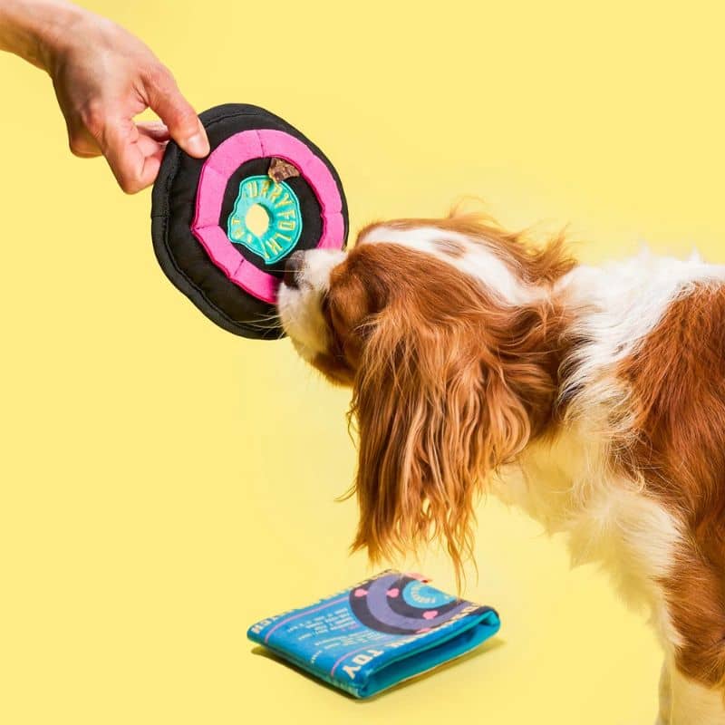 Jouet pour chien The Furryfolks en forme de disque vinyle avec cachettes à friandises pour stimuler l’esprit du chien.
