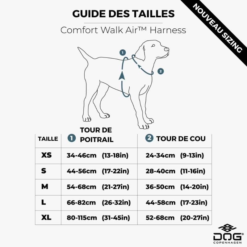 Nouveau guide des tailles pour le harnais walk air de Dog Copenhagen en noir pour chien