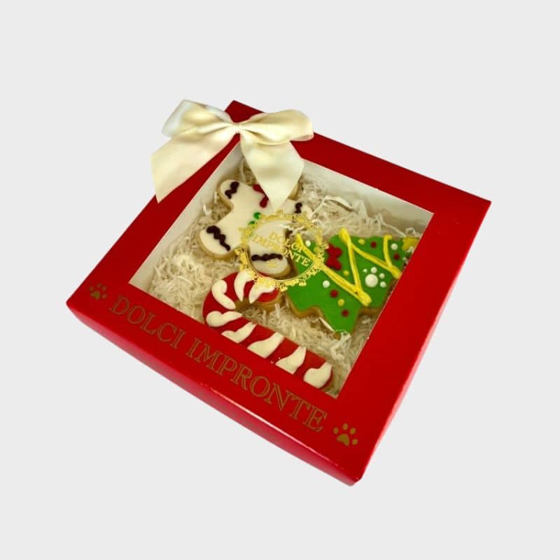 Coffret de Noël pour chien avec 3 biscuit en forme de gingerbread pain d'épice, un sapin de Noël et une canne à sucre de Dolci Impronte