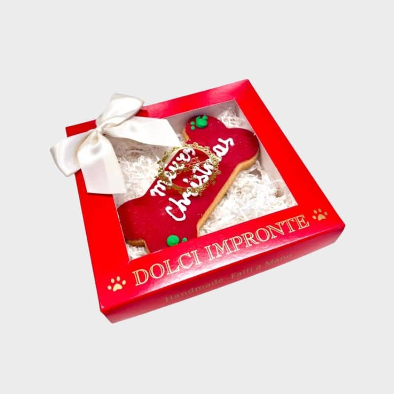 Coffret avec gateau de noel pour chien en forme d'os merry christmas en rouge - cadeaux de noel chien