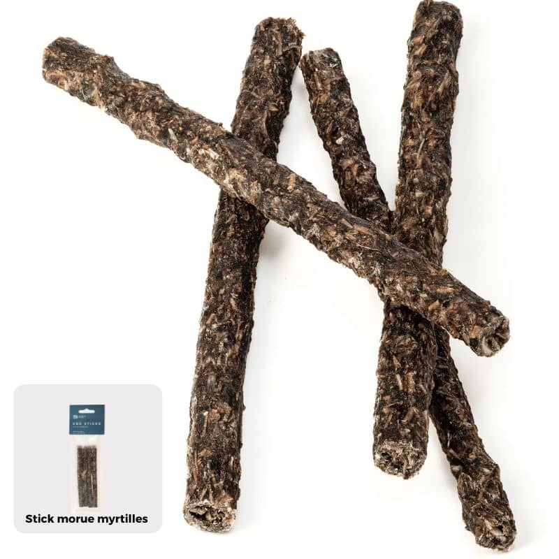 friandises naturelles pour chien Eli en forme de sticks de morue séchée aux myrtilles