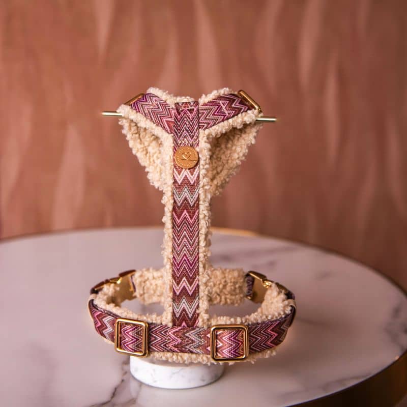 Détail du harnais pour chien tendance motif zig zag et matière hiver chaude et moelleuse en sherpa / teddy de la marque Floofs & Cookies