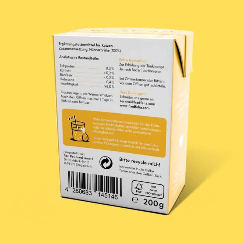 Boisson pour chat Fred & Felia au bouillon de poulet, idéal pour les chats qui ne boivent pas assez et souffrent de maladie rénale et déshydratation 