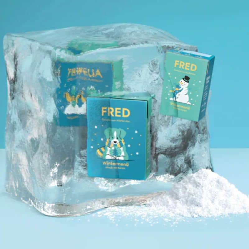 Pâtée de Noel pour chien Fred & Felia avec du gibier, du potiron, de la pomme. Une recette festive et premium pour un réveillon gourmand avec votre chien