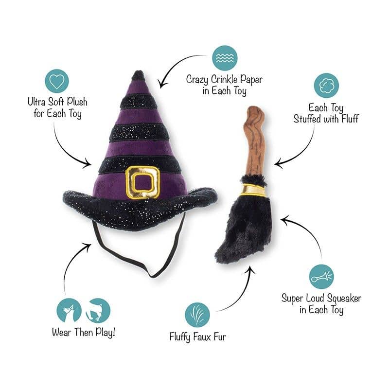Déguisement Halloween pour chien If the broom fits set par Fringe : costume de sorcière avec chapeau qui couine et balai 