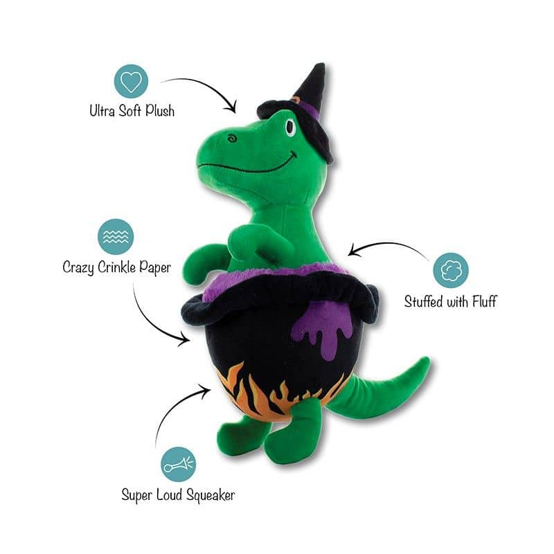jouet peluche Halloween pour chien Stirring the pot de la marque Fringe en forme de dinosaure TRex dans un chaudron magique