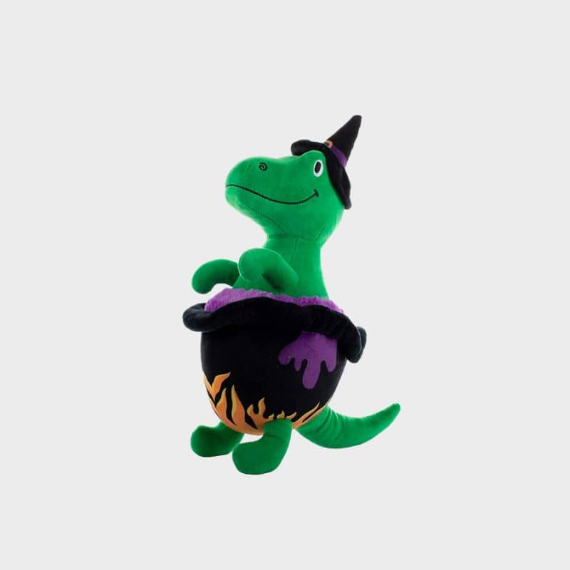jouet peluche Halloween pour chien Stirring the pot de la marque Fringe en forme de dinosaure TRex dans un chaudron magique
