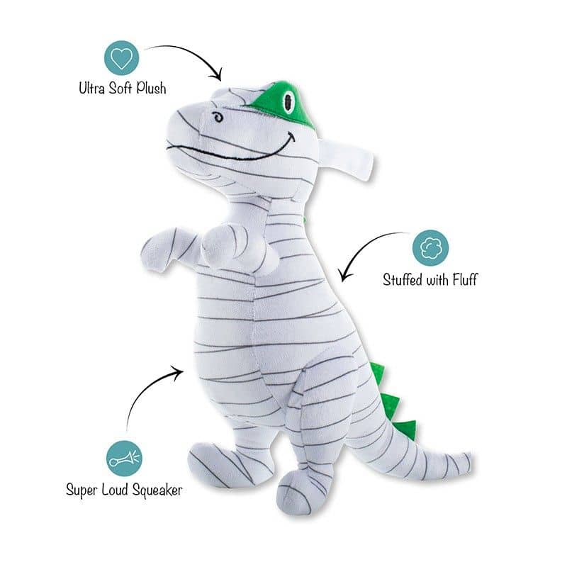 jouet peluche Halloween pour chien Keepin it under wraps de la marque Fringe en forme de dinosaure TRex déguisé en momie
