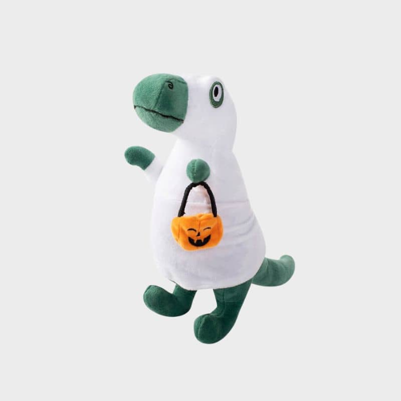 jouet peluche Halloween pour chien Rex Ghosted de la marque Fringe en forme de dinosaure TRex déguisé en fantome avec son panier citrouille Jack O Lantern