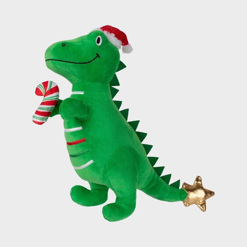 Fringe Petshop Rex-Max is here - jouet peluche pour chien en forme de dinosaure avec bonnet de père noel et sucre d'orge