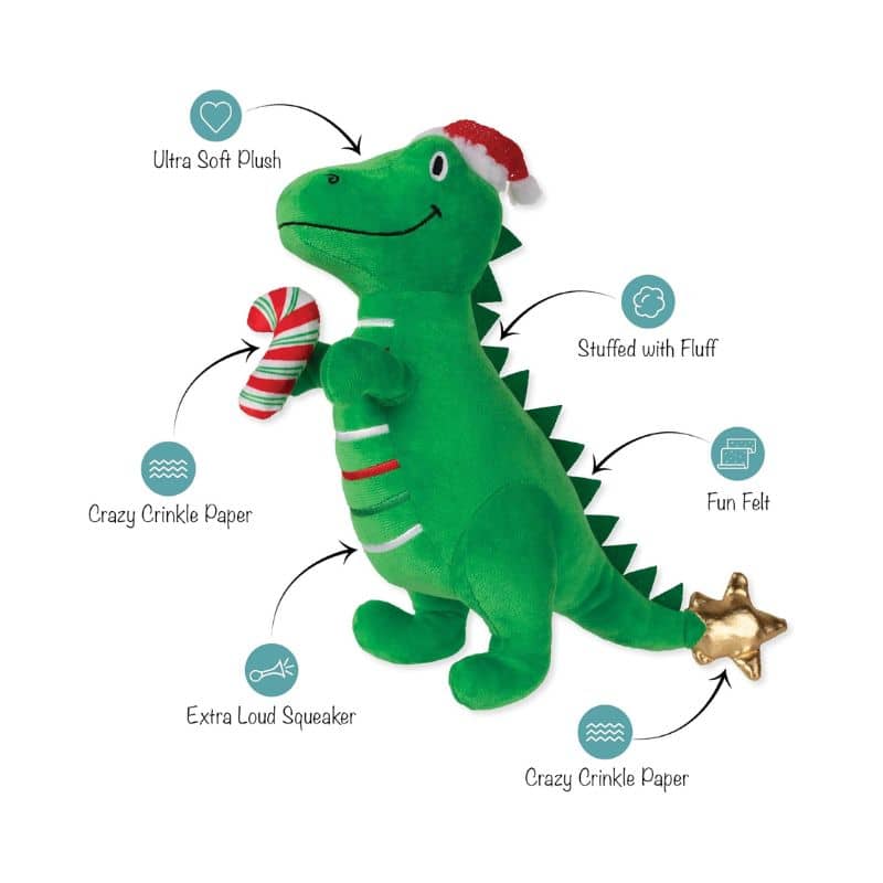 Fringe Petshop Rex-Max is here - jouet peluche pour chien en forme de dinosaure avec bonnet de père noel et sucre d'orge