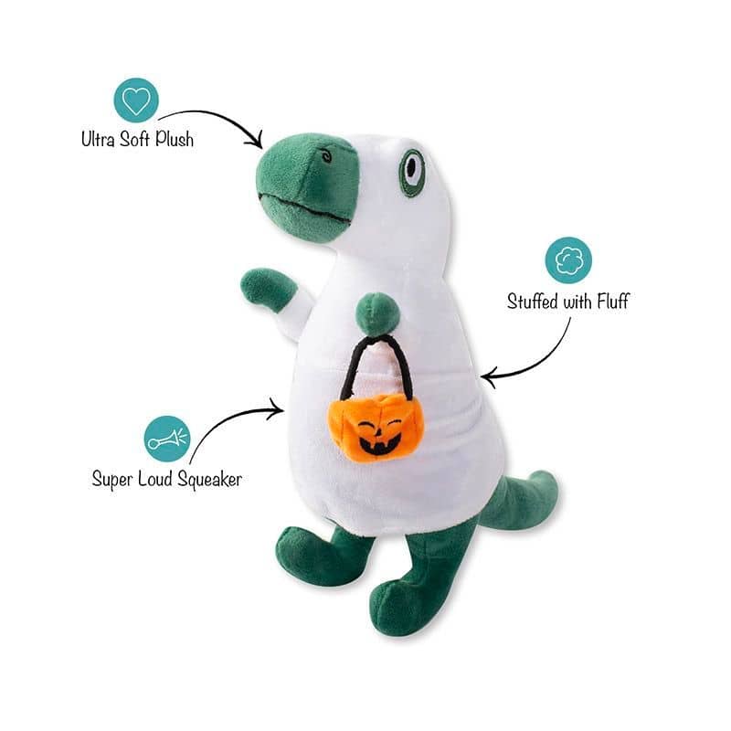 jouet peluche Halloween pour chien Rex Ghosted de la marque Fringe en forme de dinosaure TRex déguisé en fantome avec son panier citrouille Jack O Lantern