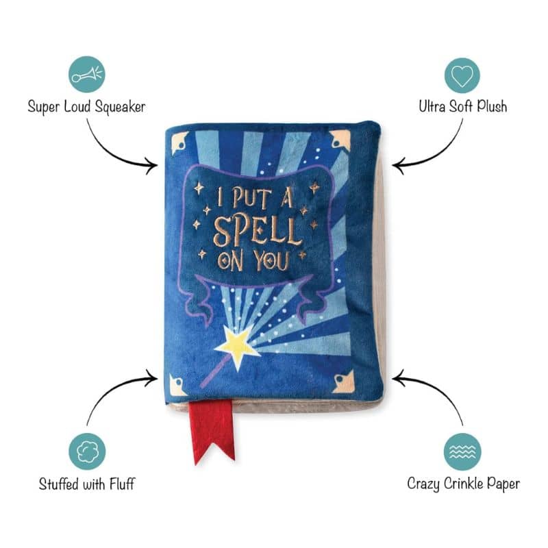 Jouet Halloween pour chien en forme de livre de sortilèges Fringe avec squeaker et papier froissé