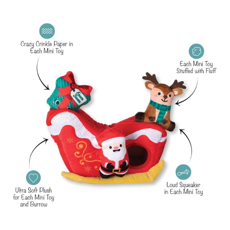 jouet peluche pour chien dans lequel cacher des friandises en forme de traineau du père noel avec cadeau et renne qui pouic de la marque Fringe Petshop