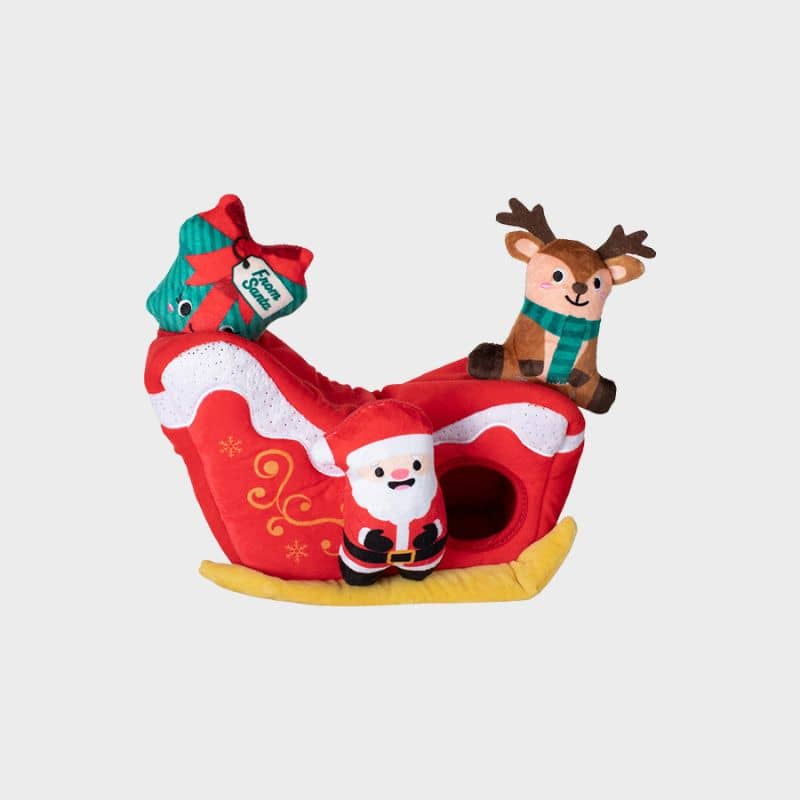 jouet interactif et peluche de fouille pour chien dans lequel cacher des friandises en forme de traineau du père noel de la marque Fringe Petshop