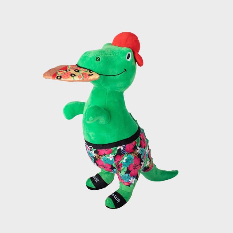 Peluche pour chien en forme de T-Rex portant une part de pizza dans la gueule de la marque Fringe Studio Pet Shop 