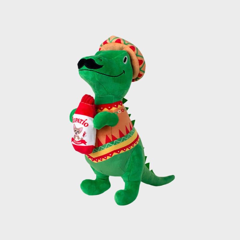 Peluche pour chien en forme de T-Rex portant un sombrero de la marque Fringe Studio Pet Shop 