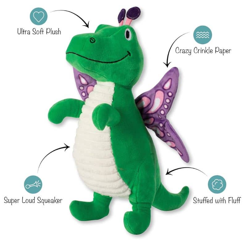 Peluche Fringe en forme de dinosaure avec des ailes de papillon jouet pour chien avec squeaker et papier froissé