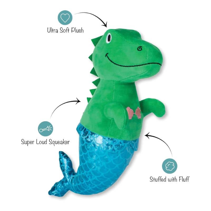 Peluche fringe studio en forme de dinosaure avec une queue de sirène pour chien avec squeaker et papier froissé
