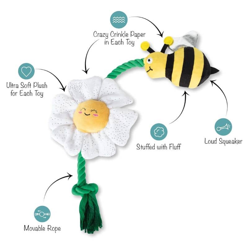 Jeu peluche pour chien de la marque Fringe en forme d'abeille et de fleur avec une corde et un bruit de papier froissé