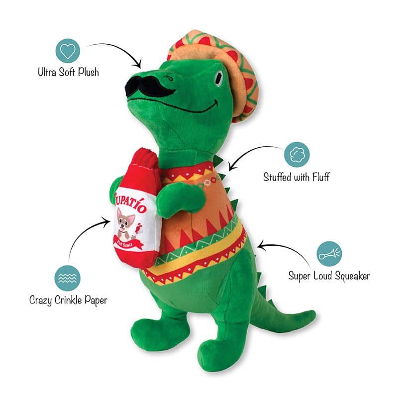 Peluche pour chien en forme de T-Rex portant un sombrero de la marque Fringe Studio Pet Shop