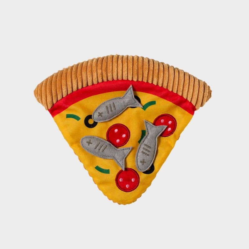 Jouet pour chat avec de l'herbe à chat en forme de pizza avec des anchois