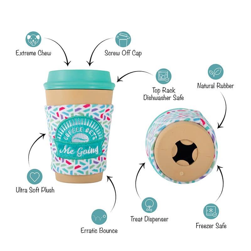 Caractéristiques du jouet pour chien distributeur de friandises résistant en forme de tasse à café bleu de la marque Fringe Studio Pet Shop