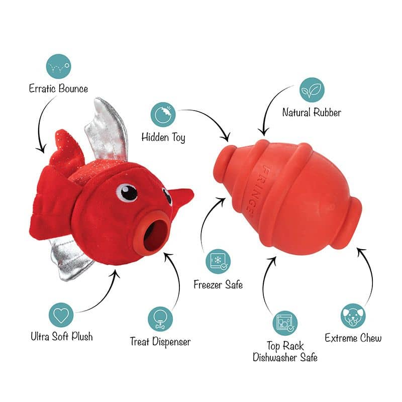 Caractéristiques du jouet distributeur de friandises résistant pour chien en forme de poisson rouge de la marque Fringe Studio Pet Shop