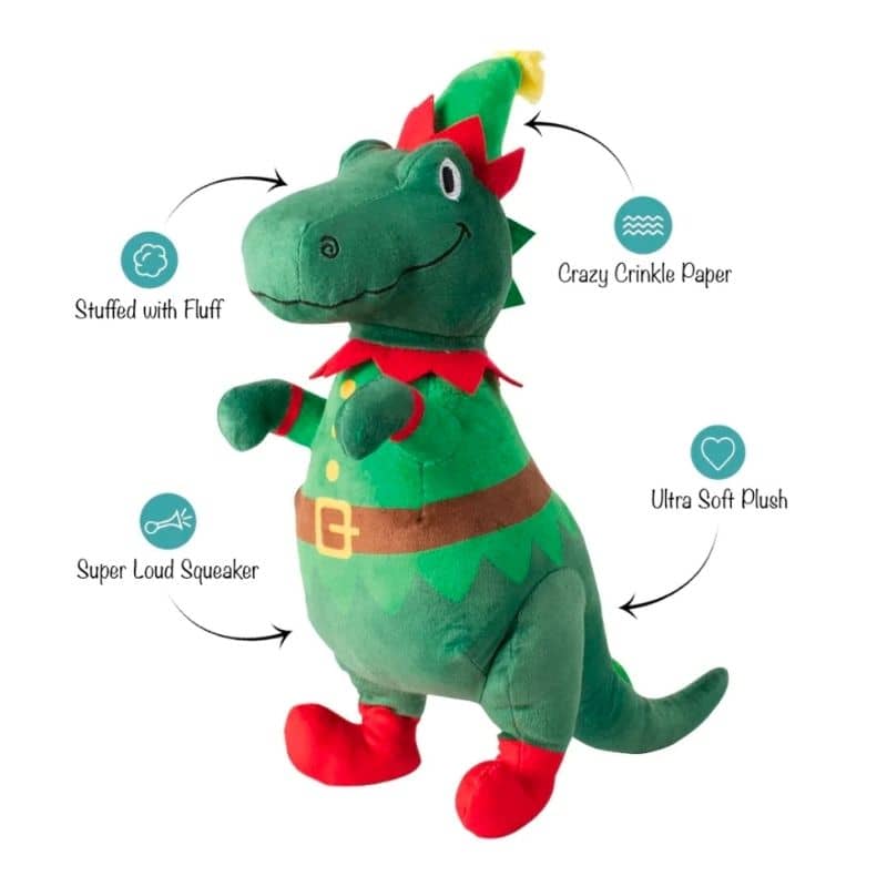 Caractéristiques du jouet de noel pour chien en forme de dinosaure habillé en lutin de noël