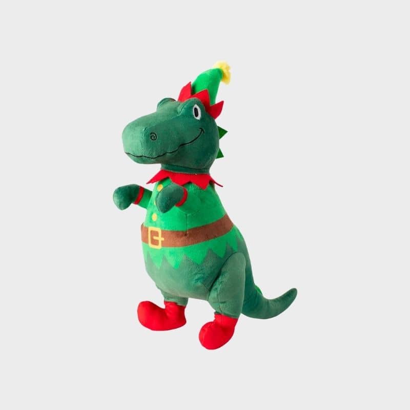 Jouet pour chien de noel en forme de dinosaure déguisé en lutin de noël