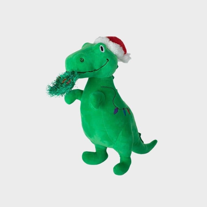 Jouet de Noël pour chien peluche en forme de dinosaure qui mange une couronne de noel