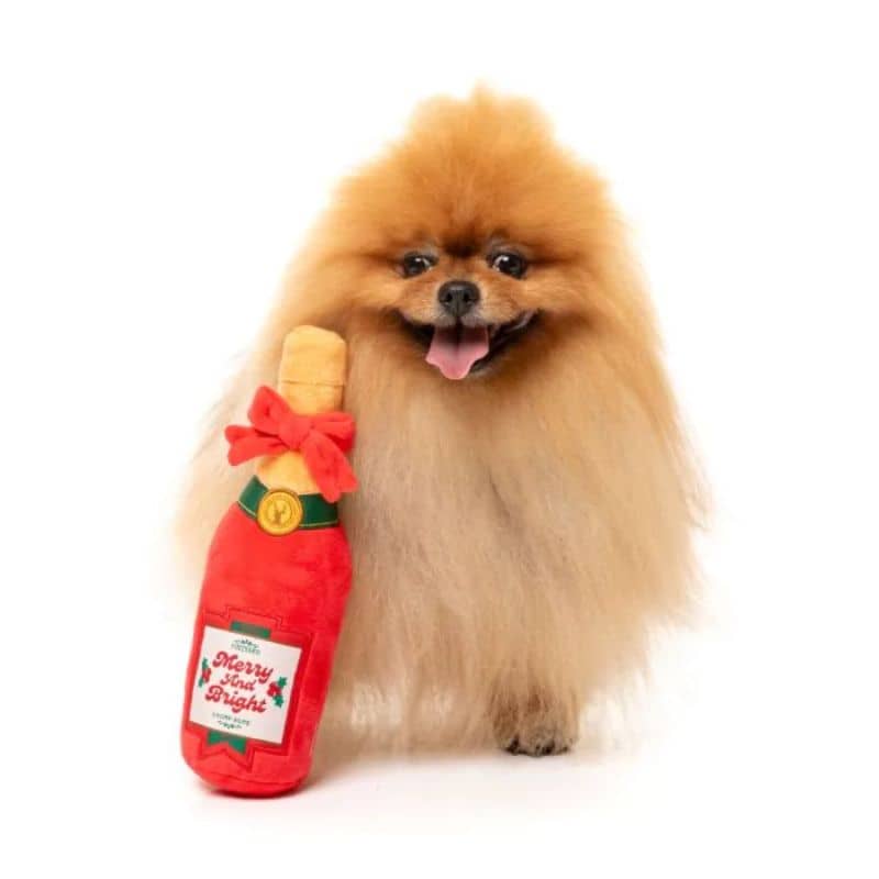 Jouet de Noel pour chien avec squeaker en forme de bouteille rouge Merry & Bright Chompagne Fuzzyard