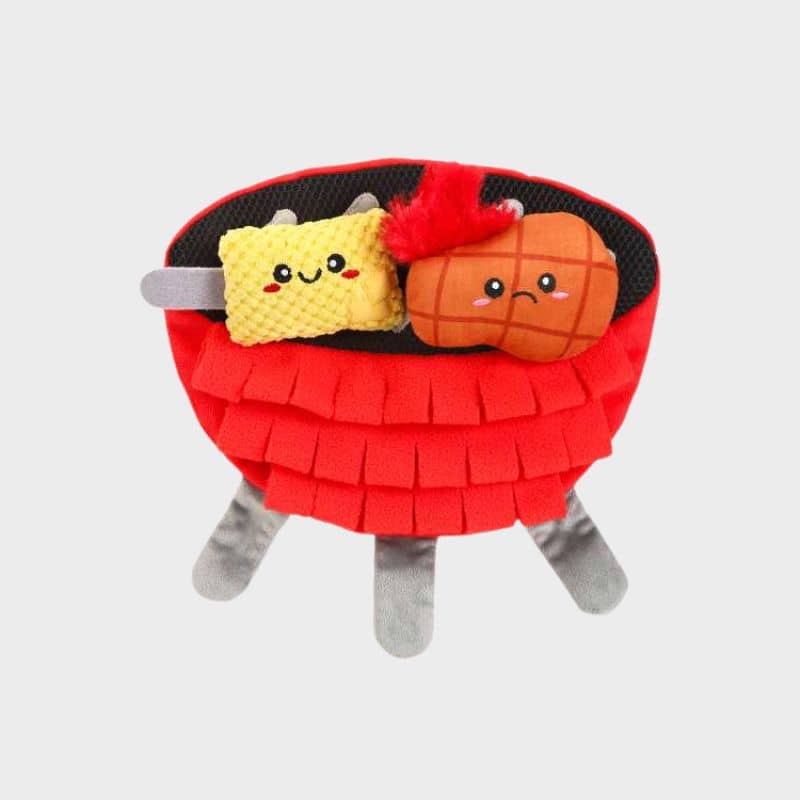 Jeu tapis de fouille pour chien en forme de barbecue de la marque Hugsmart les jouets sont avec des couineurs, avec des scratchs