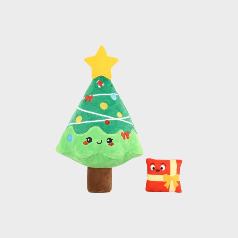 jouet peluche pour chien destructeur en forme de sapin de noel avec un jouet bonus en forme de cadeau à l'intérieur Happy woofmas christmas tree Hugsmart