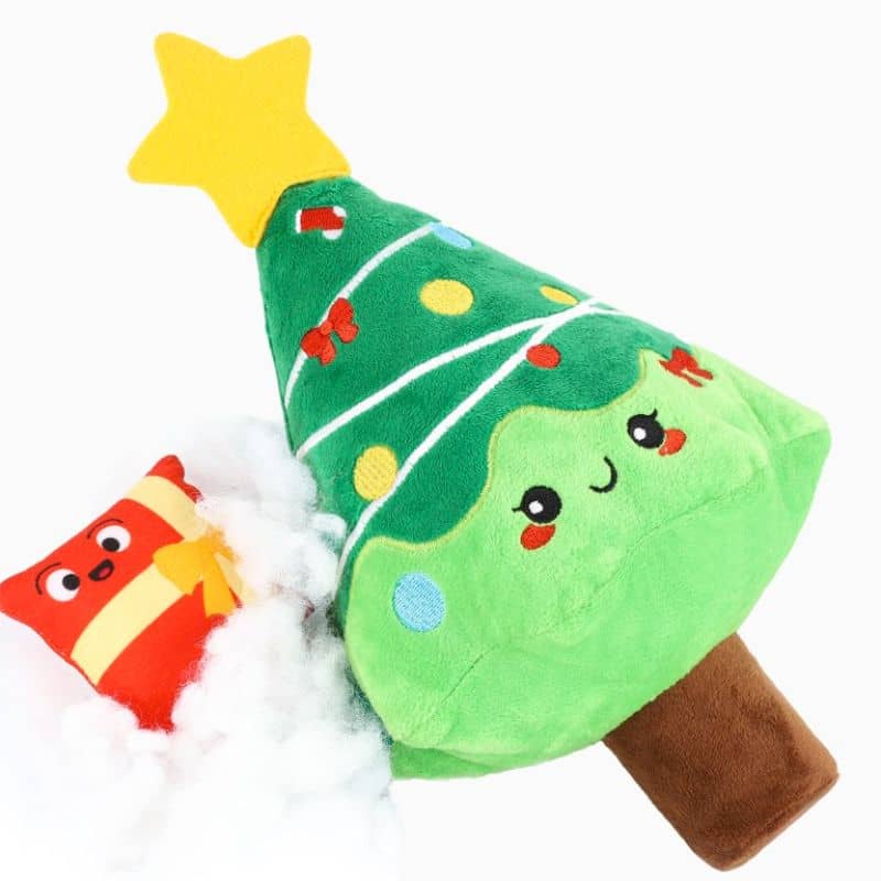 jouet peluche pour chien destructeur en forme de sapin de noel avec un jouet bonus en forme de cadeau à l'intérieur Happy woofmas christmas tree Hugsmart