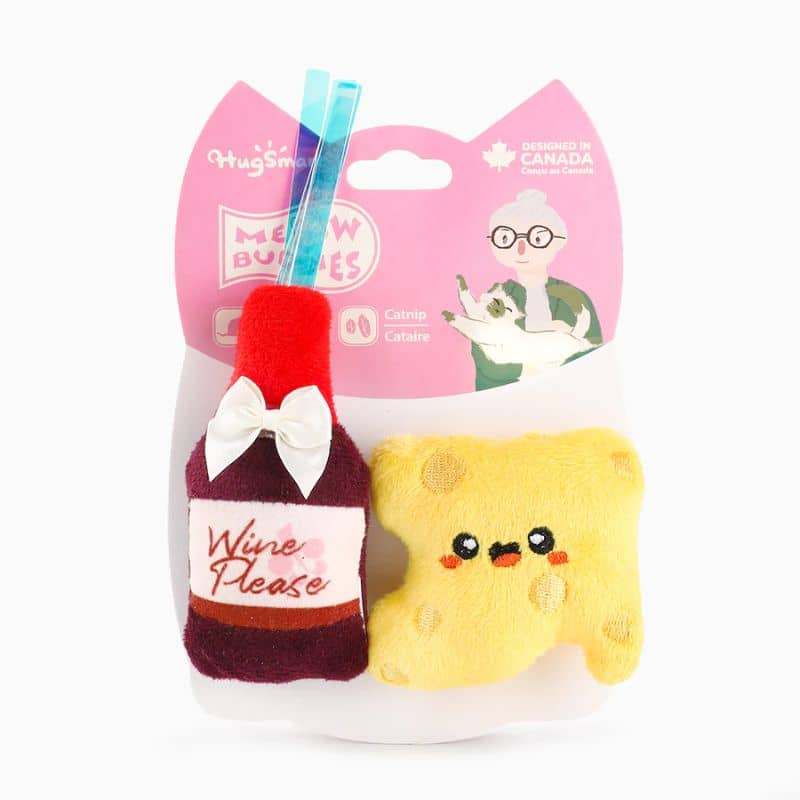 Jeux pour chat en forme de fromage et de bouteille de vin de la marque Hugsmart avec de l'herbe à chat cataire catnip